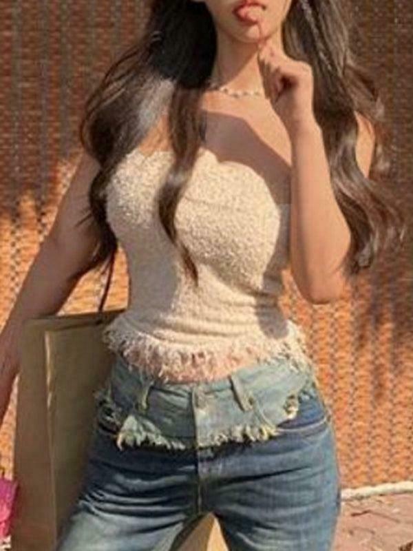 Y2K Knit Tassel Bandeau Top for Women - Coquette Aesthetic, Grunge Style, Cute Pastel Goth Outfit Y2K Knit Tassel Bandeau Top for Women - Coquette Aesthetic, Grunge Style, Cute Pastel Goth Outfit