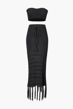 Y2K Knit Tube Top & Tassel Hem Skirt Set for Coquette Aesthetic: Grunge Style Outfit with a Twist