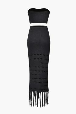 Y2K Knit Tube Top & Tassel Hem Skirt Set for Coquette Aesthetic: Grunge Style Outfit with a Twist