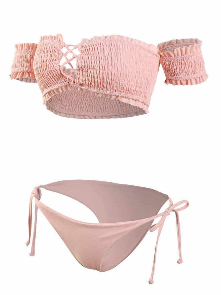 Y2K Lace-Up Bardot Bikini Set in Coquette Aesthetic Y2K Lace-Up Bardot Bikini Set in Coquette Aesthetic
