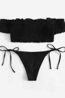 Y2K Lace-Up Bardot Bikini Set in Coquette Aesthetic