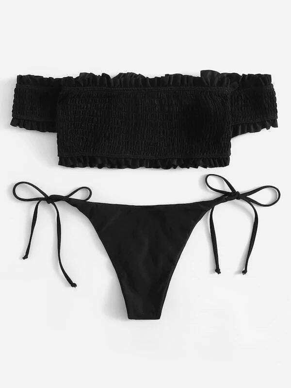 Y2K Lace-Up Bardot Bikini Set in Coquette Aesthetic Y2K Lace-Up Bardot Bikini Set in Coquette Aesthetic