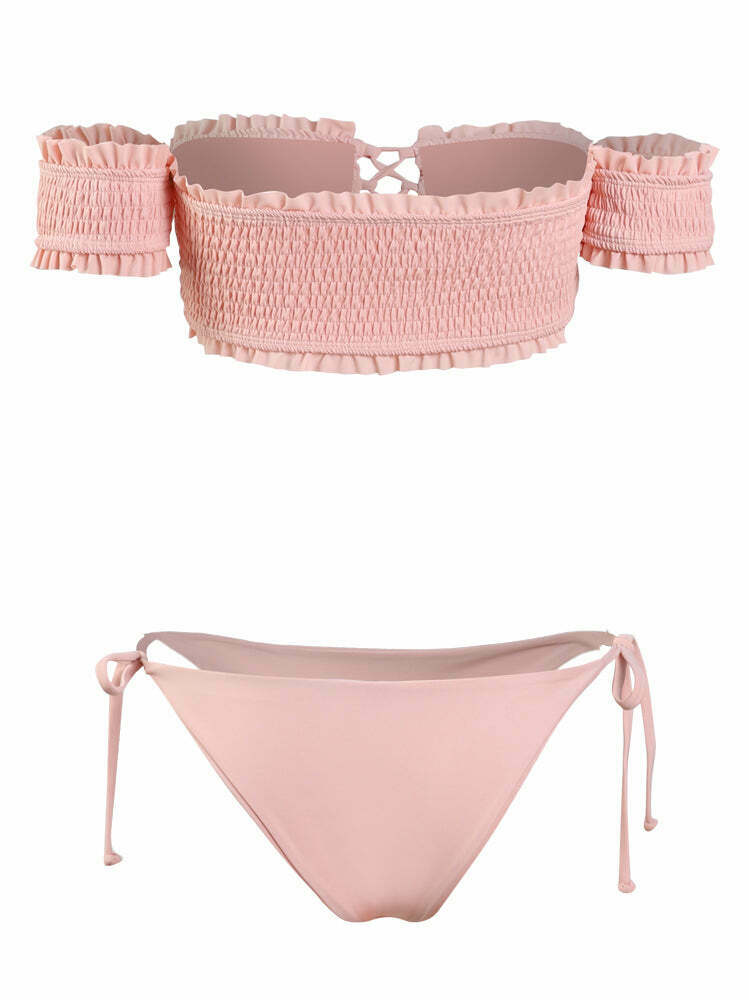 Y2K Lace-Up Bardot Bikini Set in Coquette Aesthetic Y2K Lace-Up Bardot Bikini Set in Coquette Aesthetic