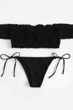 Y2K Lace-Up Bardot Bikini Set in Coquette Aesthetic