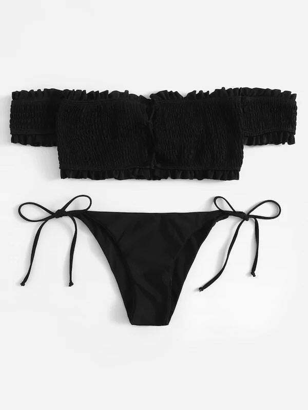 Y2K Lace-Up Bardot Bikini Set in Coquette Aesthetic Y2K Lace-Up Bardot Bikini Set in Coquette Aesthetic