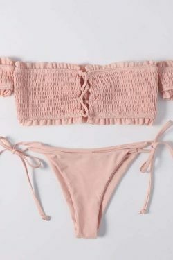 Y2K Lace-Up Bardot Bikini Set in Coquette Aesthetic
