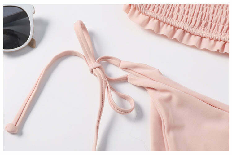 Y2K Lace-Up Bardot Bikini Set in Coquette Aesthetic Y2K Lace-Up Bardot Bikini Set in Coquette Aesthetic