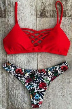 Y2K Lace-Up Bikini Set with Printed Spaghetti Straps - Coquette Aesthetic Swimsuit