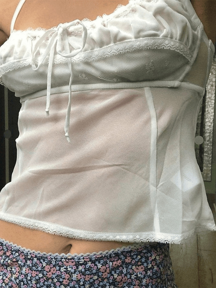 Y2K Lace-Up Chiffon Cami Top: Coquette & Grunge Aesthetic, Cute Tops, Pastel Goth - Women's Fashion Y2K Lace-Up Chiffon Cami Top: Coquette & Grunge Aesthetic, Cute Tops, Pastel Goth - Women's Fashion