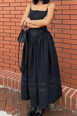 Y2K Lace-Up Corset Black Maxi Dress - Coquette Aesthetic Goth Style for Women