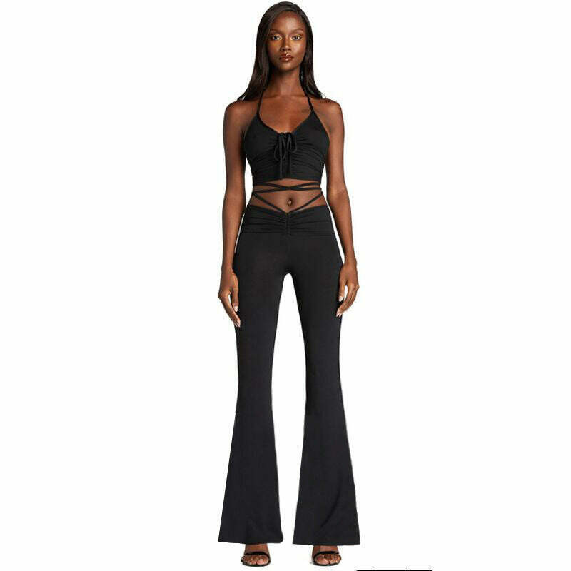 Y2K Lace-Up Crop Top & Pleated Pants Set - Coquette Aesthetic Fashion for Women