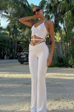 Y2K Lace-Up Crop Top & Pleated Pants Set - Coquette Aesthetic Fashion for Women