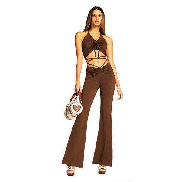 Y2K Lace-Up Crop Top & Pleated Pants Set - Coquette Aesthetic Fashion for Women