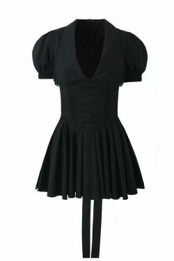 Y2K Lace-Up Doll Collar Short Dress - Coquette Aesthetic Grunge Style - Cute Tops & Cargo Skirt