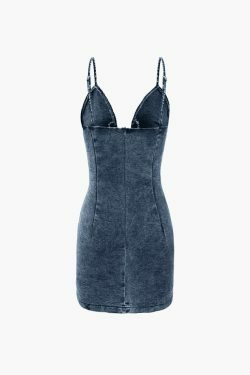 Y2K Lace-up Front V-neck Denim Dress - Coquette Aesthetic, Grunge Style, Pastel Goth