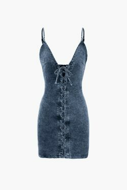 Y2K Lace-up Front V-neck Denim Dress - Coquette Aesthetic, Grunge Style, Pastel Goth