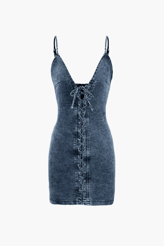 Y2K Lace-up Front V-neck Denim Dress - Coquette Aesthetic, Grunge Style, Pastel Goth Y2K Lace-up Front V-neck Denim Dress - Coquette Aesthetic, Grunge Style, Pastel Goth