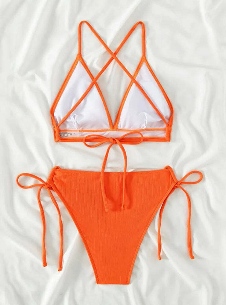 Y2K Lace-Up Halter Swimsuit for Women - Coquette Aesthetic Beachwear Y2K Lace-Up Halter Swimsuit for Women - Coquette Aesthetic Beachwear