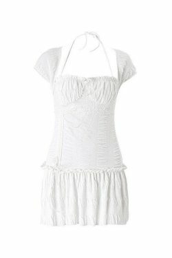 Y2K Lace-Up Ruffle Halter Mini Dress - Coquette Aesthetic Fashion Statement