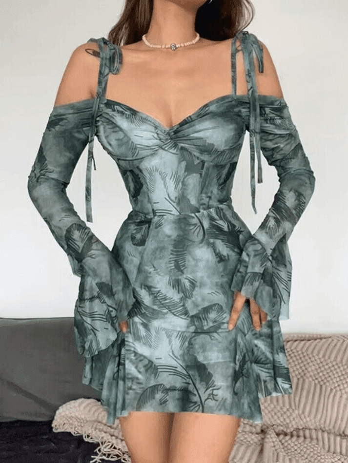 Y2K Lace-Up Trumpet Sleeve Mini Dress - Coquette Aesthetic Fashion for Women Y2K Lace-Up Trumpet Sleeve Mini Dress - Coquette Aesthetic Fashion for Women