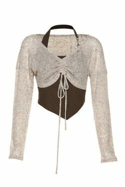 Y2K Lace-Up V-Neck Knit Sweater for Coquette Aesthetic: Grunge Style with a Touch of Pastel Goth