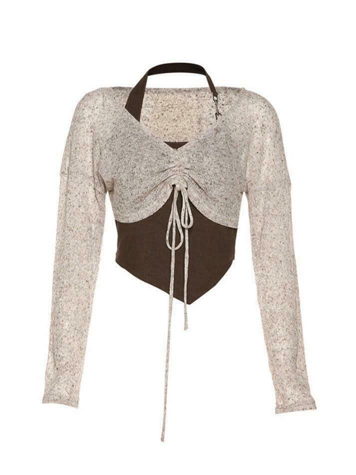 Y2K Lace-Up V-Neck Knit Sweater for Coquette Aesthetic: Grunge Style with a Touch of Pastel Goth Y2K Lace-Up V-Neck Knit Sweater for Coquette Aesthetic: Grunge Style with a Touch of Pastel Goth