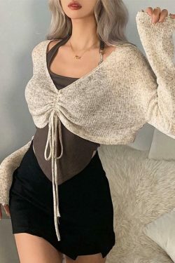 Y2K Lace-Up V-Neck Knit Sweater for Coquette Aesthetic: Grunge Style with a Touch of Pastel Goth