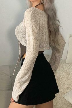 Y2K Lace-Up V-Neck Knit Sweater for Coquette Aesthetic: Grunge Style with a Touch of Pastel Goth