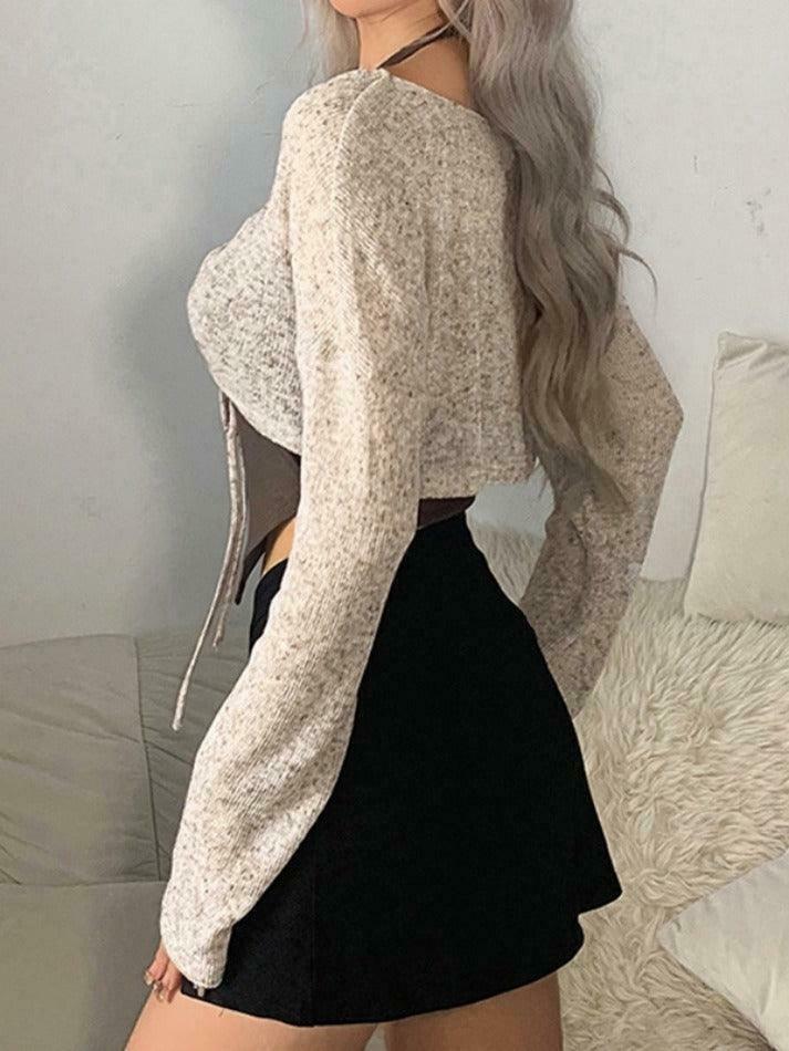 Y2K Lace-Up V-Neck Knit Sweater for Coquette Aesthetic: Grunge Style with a Touch of Pastel Goth Y2K Lace-Up V-Neck Knit Sweater for Coquette Aesthetic: Grunge Style with a Touch of Pastel Goth