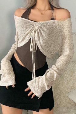 Y2K Lace-Up V-Neck Knit Sweater for Coquette Aesthetic: Grunge Style with a Touch of Pastel Goth