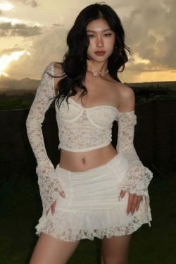 Y2K Lace Crop Top & Gathered Skirt Set - Coquette Aesthetic Outfit - Grunge Style Two-Piece