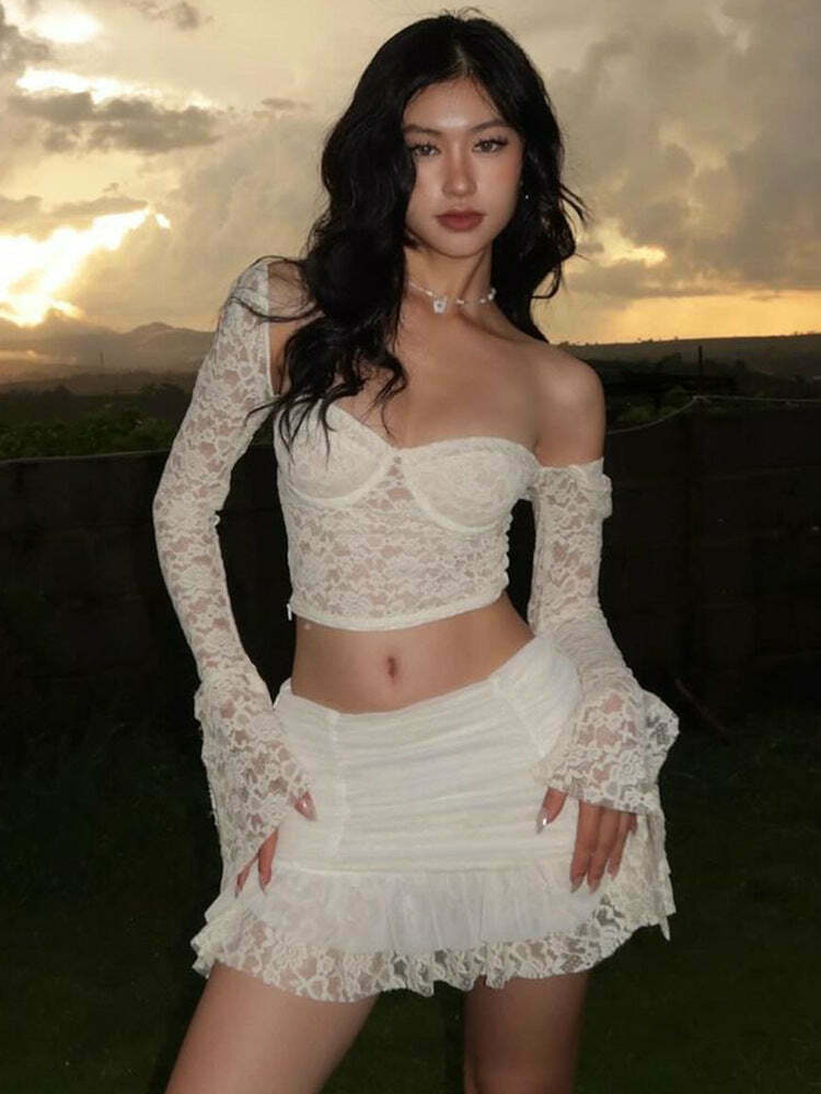 Y2K Lace Crop Top & Gathered Skirt Set - Coquette Aesthetic Outfit - Grunge Style Two-Piece