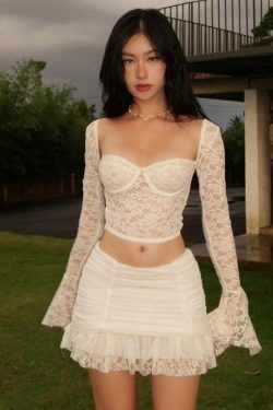 Y2K Lace Crop Top & Gathered Skirt Set - Coquette Aesthetic Outfit - Grunge Style Two-Piece