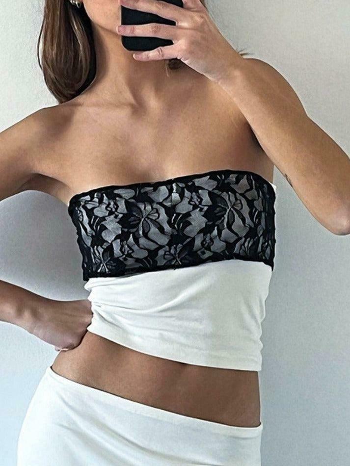 Y2K Lace Detail Bandeau Top: Coquette Grunge Style, Cute Tops, Pastel Goth, Cargo Skirt