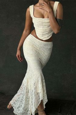 Y2K Lace Fishtail Skirt Dress: Coquette Aesthetic with Grunge &