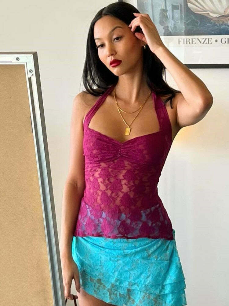 Y2K Lace Kissed Backless Beauty: Coquette Aesthetic Grunge Style Pastel Goth Cargo Skirt