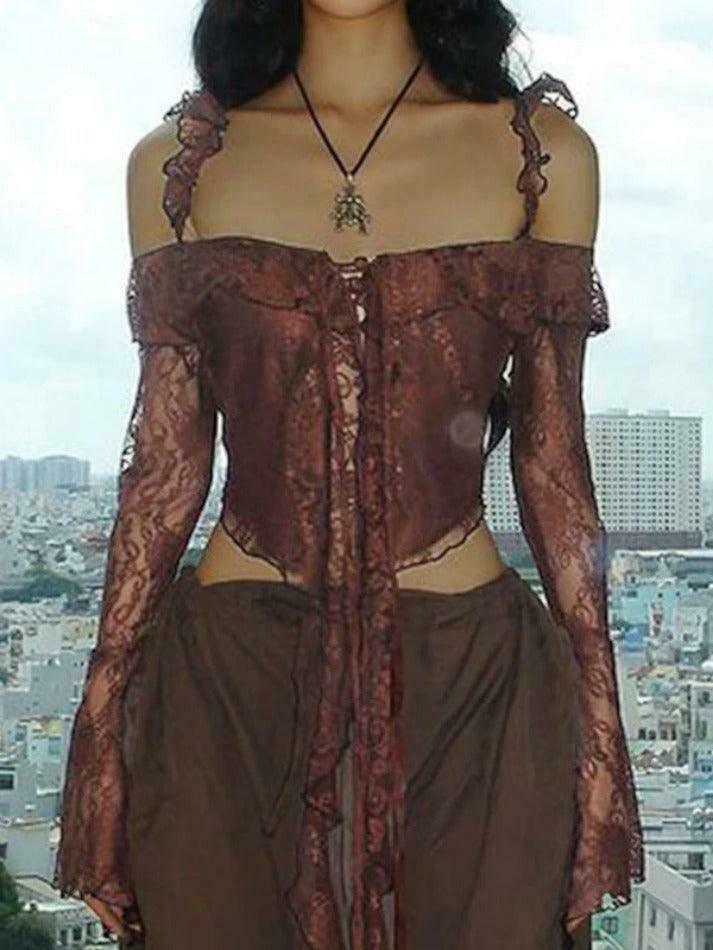 Y2K Lace Off Shoulder Cardigan: Coquette Aesthetic Long Sleeve Blouse for Women's Fashion Y2K Lace Off Shoulder Cardigan: Coquette Aesthetic Long Sleeve Blouse for Women's Fashion