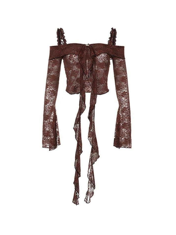 Y2K Lace Off Shoulder Cardigan: Coquette Aesthetic Long Sleeve Blouse for Women's Fashion Y2K Lace Off Shoulder Cardigan: Coquette Aesthetic Long Sleeve Blouse for Women's Fashion