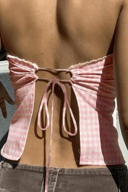 Y2K Lace Plaid Bandeau: Coquette Aesthetic Cute Tops for Women - Grunge Style Fashion