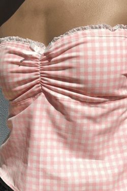 Y2K Lace Plaid Bandeau: Coquette Aesthetic Cute Tops for Women - Grunge Style Fashion