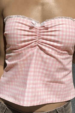 Y2K Lace Plaid Bandeau: Coquette Aesthetic Cute Tops for Women - Grunge Style Fashion