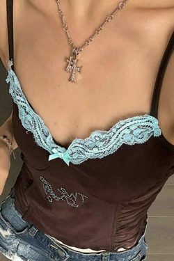 Y2K Lace Rhinestone Cami Top with Pleated Design - Coquette Aesthetic Fashion for Women