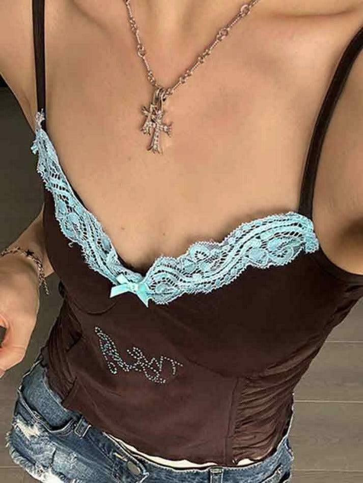 Y2K Lace Rhinestone Cami Top with Pleated Design - Coquette Aesthetic Fashion for Women Y2K Lace Rhinestone Cami Top with Pleated Design - Coquette Aesthetic Fashion for Women