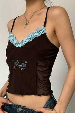 Y2K Lace Rhinestone Cami Top with Pleated Design - Coquette Aesthetic Fashion for Women