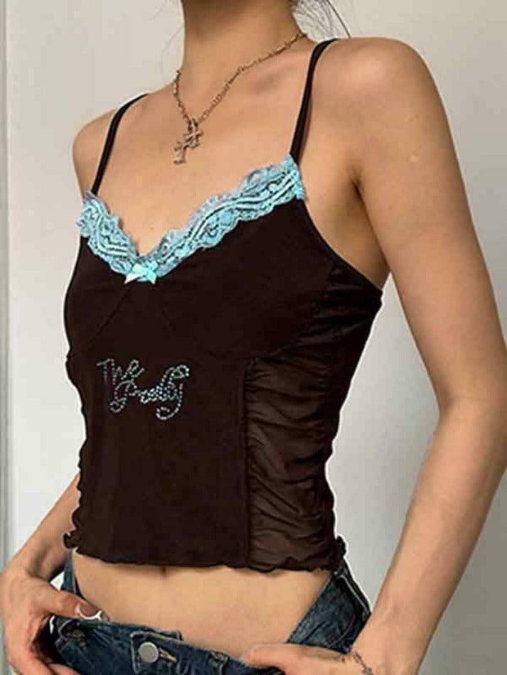 Y2K Lace Rhinestone Cami Top with Pleated Design - Coquette Aesthetic Fashion for Women Y2K Lace Rhinestone Cami Top with Pleated Design - Coquette Aesthetic Fashion for Women