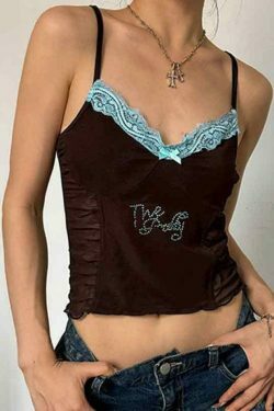 Y2K Lace Rhinestone Cami Top with Pleated Design - Coquette Aesthetic Fashion for Women