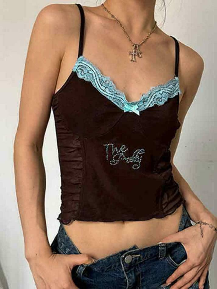 Y2K Lace Rhinestone Cami Top with Pleated Design - Coquette Aesthetic Fashion for Women Y2K Lace Rhinestone Cami Top with Pleated Design - Coquette Aesthetic Fashion for Women