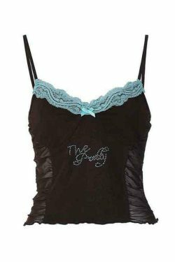 Y2K Lace Rhinestone Cami Top with Pleated Design - Coquette Aesthetic Fashion for Women
