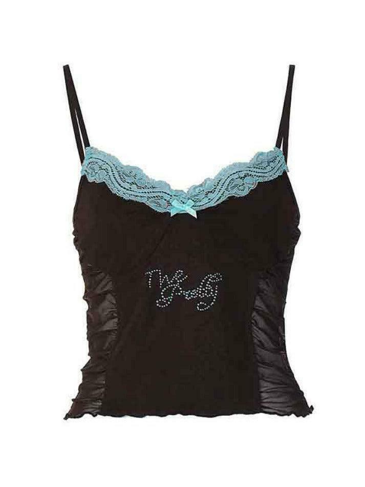 Y2K Lace Rhinestone Cami Top with Pleated Design - Coquette Aesthetic Fashion for Women Y2K Lace Rhinestone Cami Top with Pleated Design - Coquette Aesthetic Fashion for Women