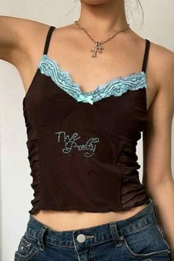 Y2K Lace Rhinestone Cami Top with Pleated Design - Coquette Aesthetic Fashion for Women